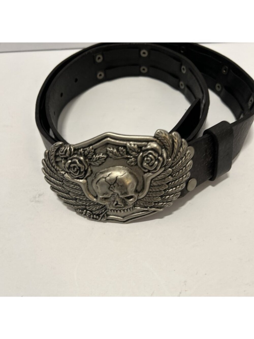 Black Leather Levis Belt With Skulls Roses Wings Pewter Buckle Sz 34-36